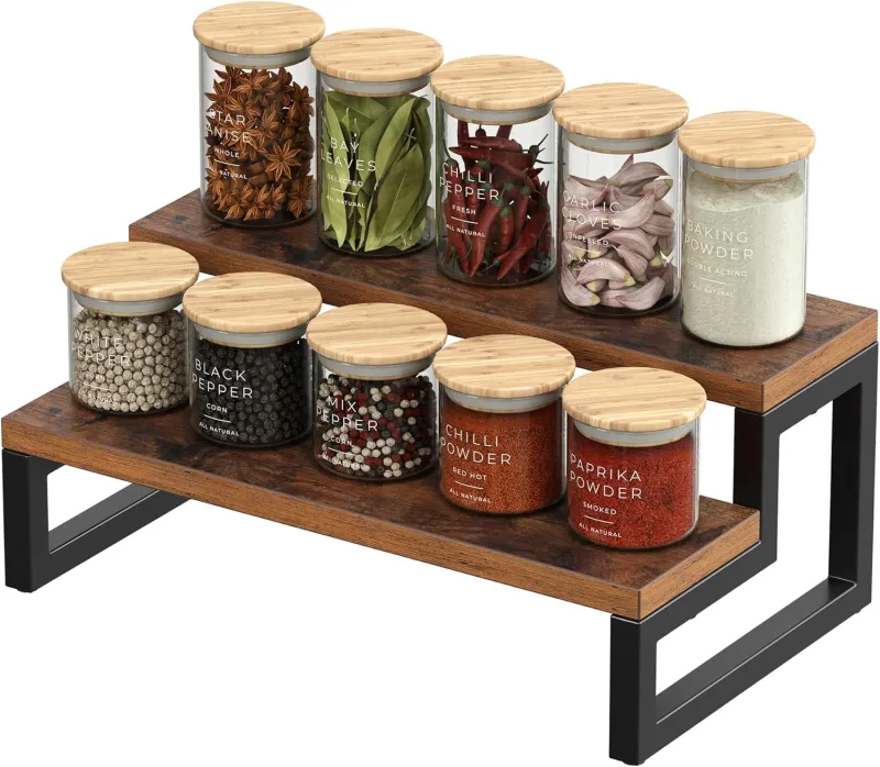 Kundi Rustic Wood Spice Rack Shelf, kitchen organizer rack, rack stand, Kitchen Counter Organiser, Dark Brown (4) (2 Shelves) Rs. 289