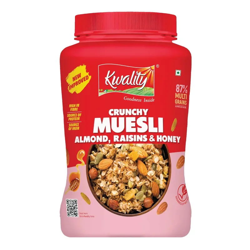 Kwality Muesli Crunchy Almonds, Raisins & Honey 900g | 87% Multi Grains| Natural Source of Vitamin & Iron, High in Protein & Fiber, Low Fat & Rs. 299