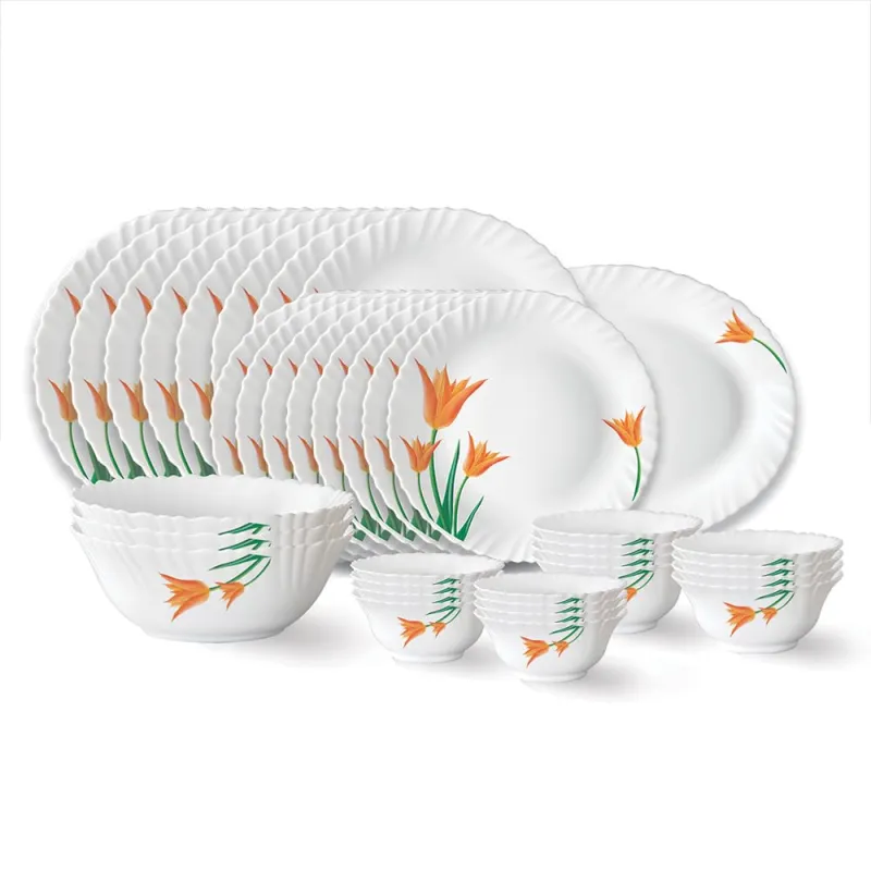 Larah by Borosil Firefly Fluted Series Opalware Dinner Set | 33 Pieces for Family of 6 | Microwave & Dishwasher Safe | Bone-Ash Free | Crockery Set Rs. 1488