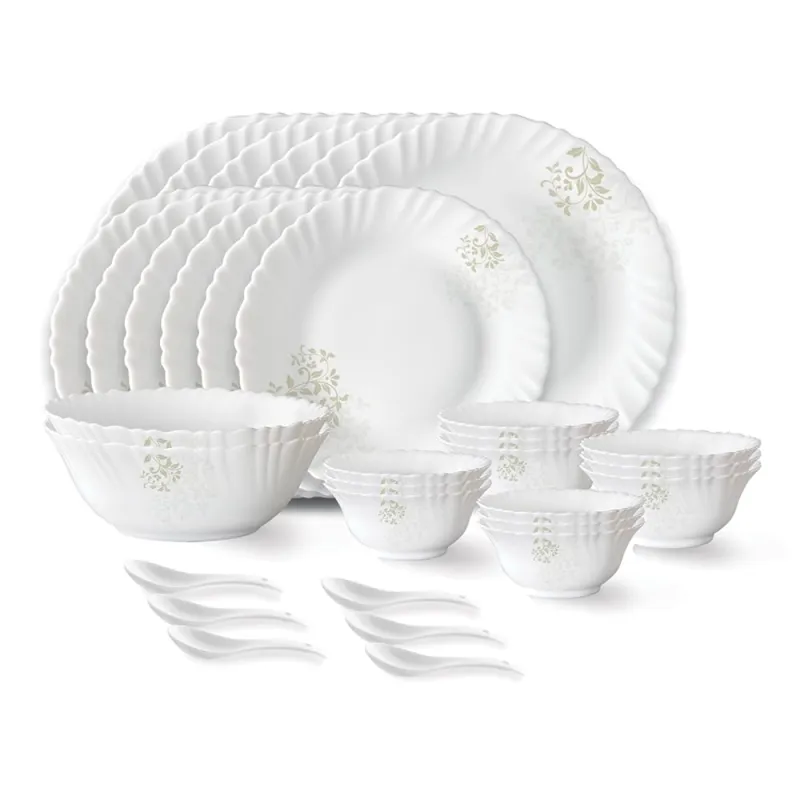 Larah by Borosil Ingot Fluted Series Opalware Dinner Set | 33 Pieces for Family of 6 | Microwave & Dishwasher Safe | Bone-Ash Free | Crockery Set for Rs. 1547