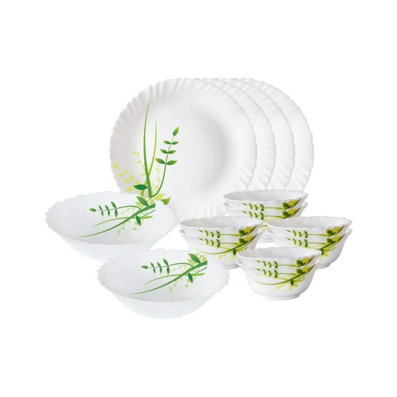 Larah by Borosil Opalware Dinner Set Microwave & Dishwasher Safe | Bone-Ash Free | Crockery Set for Dining & Gifting | Plates & Bowls (Green Herbs, Rs. 1033