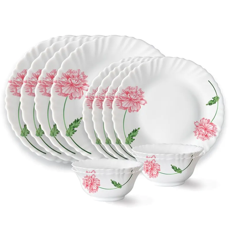 Larah by Borosil Red Mist Fluted Series Opalware Dinner Set | 12 Pieces for Family of 4 | Microwave & Dishwasher Safe | Bone-Ash Free | Crockery Set Rs. 707