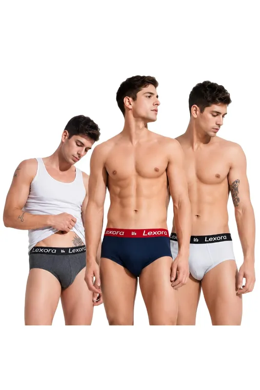 LEXORA Men’s Cotton Briefs Pack of 3 | Soft, Breathable & Comfortable Stretch Underwear | Tag-Free Mid-Rise Briefs | Supportive Everyday Innerwear Rs. 299