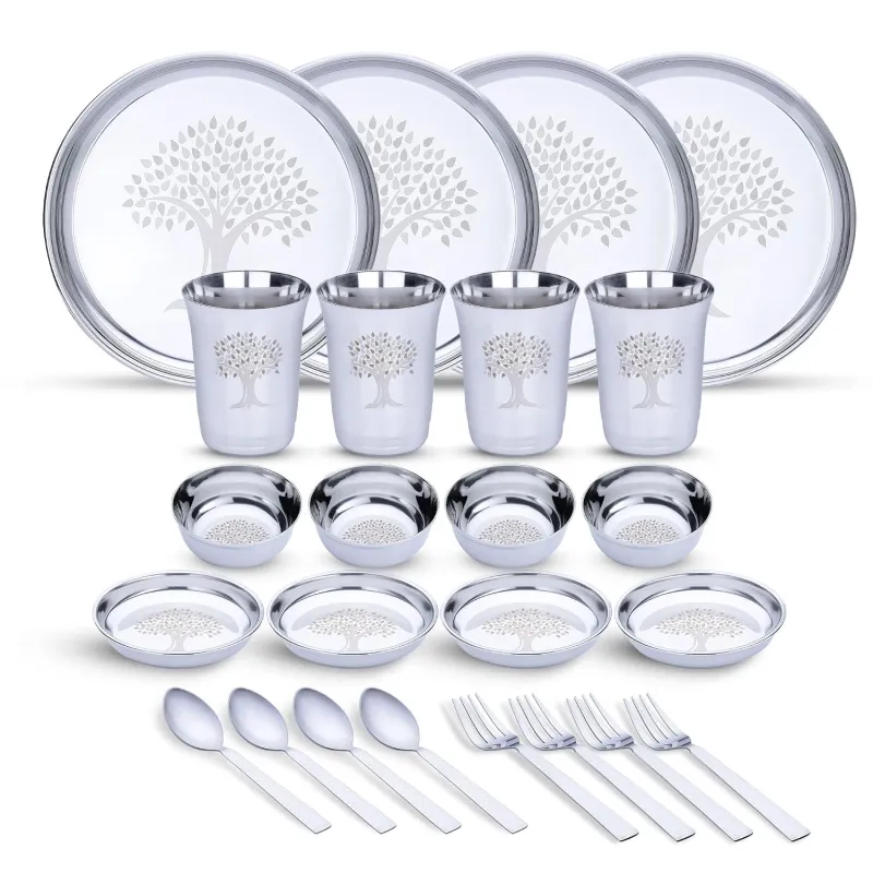 LIMETRO STEEL Stainless Steel Dinner Set for 4, 24-Piece Indian Thali Set with Plates, Bowls, Katori, Glasses, Spoons & Forks, Tree Design (Set of Rs. 999