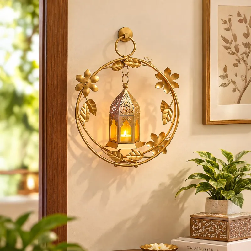MARKET 99 Golden Wreath Lantern T-Light Candle Holder | Metal & Yellow Glass Votive Stand for Diwali Decoration Items | Decorative Table Centerpiece Rs. 293