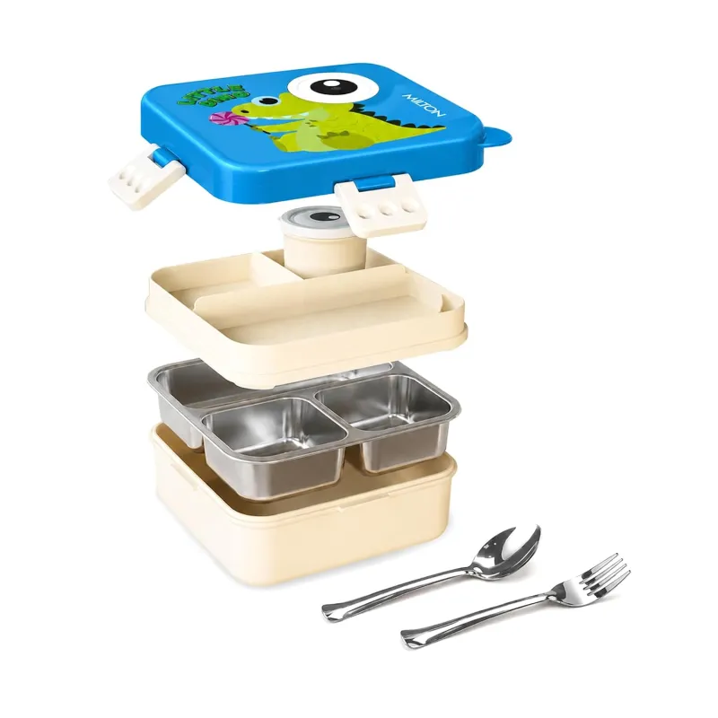 MILTON Dino Pop Bento Stainless Steel Lunch Box, 3 Compartments, 4-Side Lock, with Tray, Spoon, Fork & Container for School, Office, Travel, BPA Rs. 549