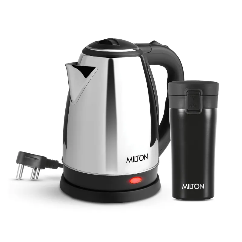 MILTON Go Electro 1.5L Fast Boil Kettle 1350W with 3x Safety Protection + 350ml Double Wall Vacuum Insulated Coffee Mug with Strainer, Stainless Rs. 1199 MILTON Go Electro 1.5L Fast Boil Kettle 1350W with 3x Safety Protection + 350ml Double Wall Vacuum Insulated Coffee Mug with Strainer, Stainless Rs. 1199