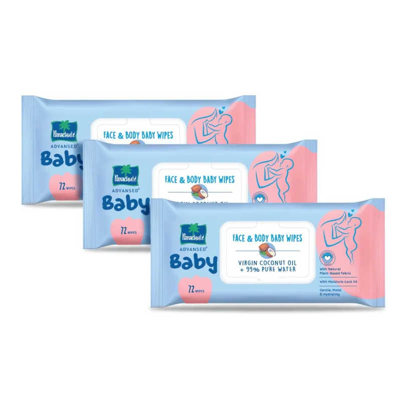 [Mrp Error] Parachute Advansed Baby | Face & Body Baby Wipes | With Virgin Coconut Oil & 99% Pure Water | Hypoallergenic, Dermatologically Tested & pH Balanced | Rs. 230