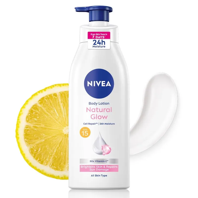 NIVEA Natural Glow Cell Repair Body Lotion with SPF 15 And UV A & B Filters | 50X Vitamin C | 24H Hydration | Even Skin Tone in 7 Days | Brightens Rs. 258 NIVEA Natural Glow Cell Repair Body Lotion with SPF 15 And UV A & B Filters | 50X Vitamin C | 24H Hydration | Even Skin Tone in 7 Days | Brightens Rs. 258