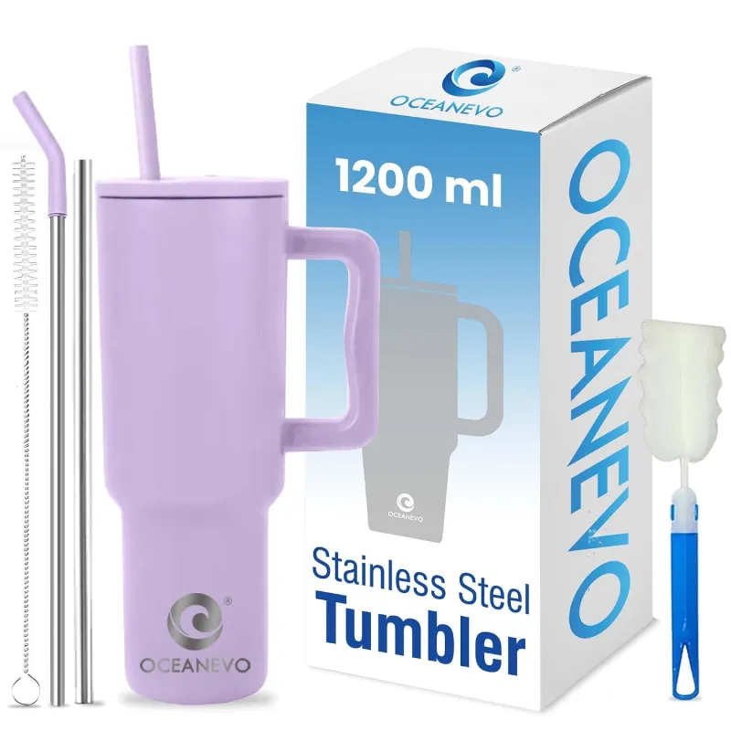 OCEANEVO 1200 ML Stainless Steel Tumbler with Lid and 3 Straws, Double Insulated Cup with Handle for Hot and Cold Beverages, 100% Leakproof Mug for Rs. 829