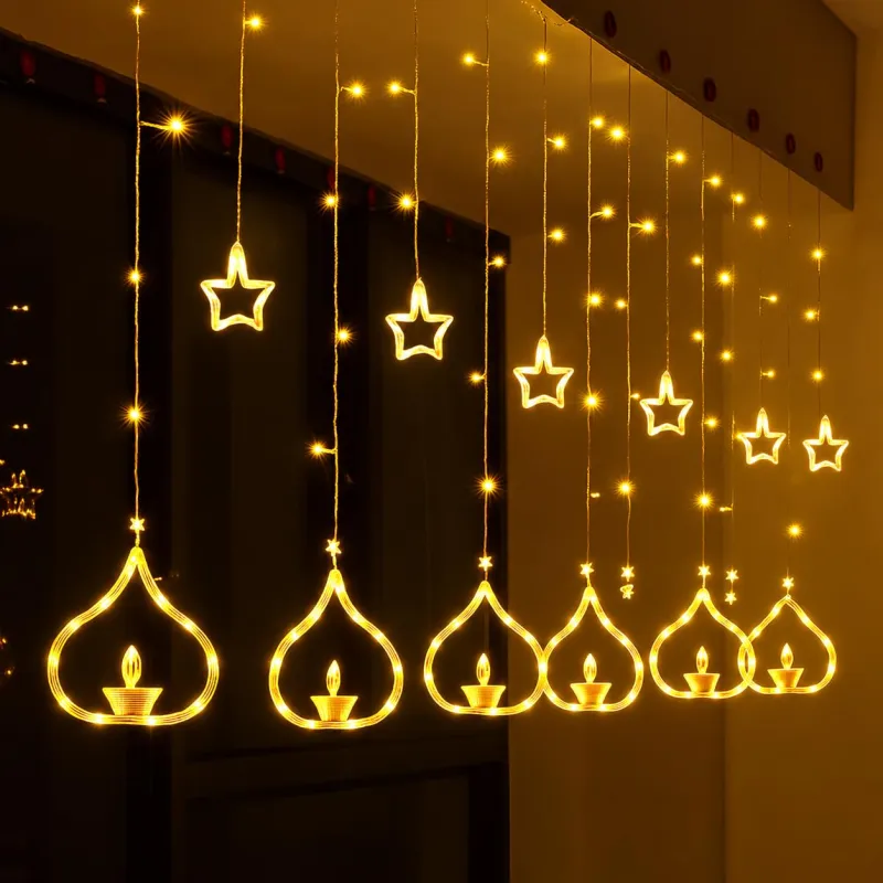 One94Store Deep Diya Curtain Decorative LED String Lights – 3 Meter Warm White Plug-in Lights with 108 LEDs, 6+6 Diya Design for Balcony, Indoor & Rs. 499