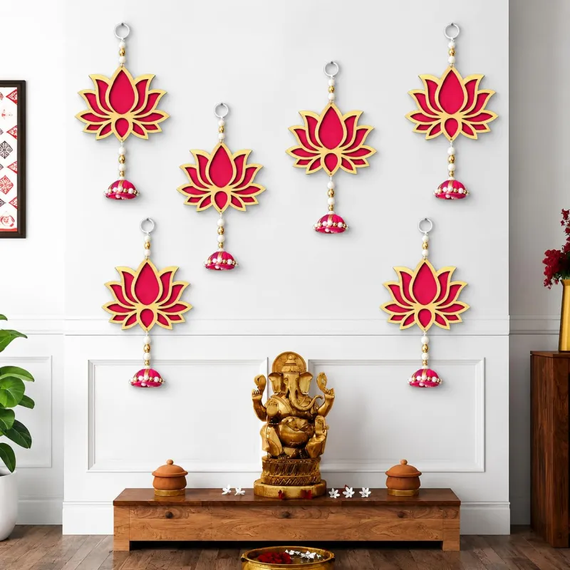PANCA Lotus Wall Hanging with Jhumki – Set of 6 | Pink/Raani Artificial Flowers Bunch | Decorative Wall Hanging for Pooja Room, Mandir, Door, Rs. 159