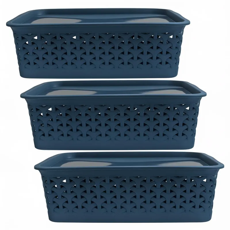 PEARLPET Everyday Medium Basket Pack of 3 with Lid | Multi-Purpose Plastic Storage Baskets | Stackable Organiser for Kitchen, Bathroom, Wardrobe, Rs. 367