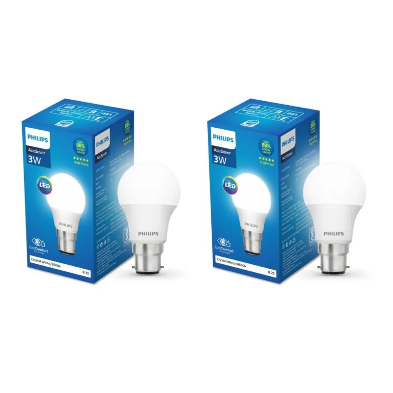 PHILIPS 3-watt LED Bulb | AceSaver LED Bulb | Base: B22 Light Bulb for Home | Crystal White, Pack of 2 Rs. 78