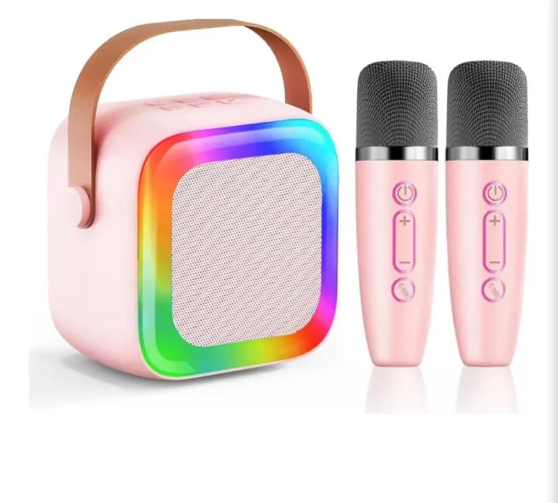 Portable Karaoke Machine with Two Wireless Microphones, Bluetooth Speaker, RGB LED Lights, Rechargeable Party Speaker, Pink Karaoke System for Home, Rs. 599