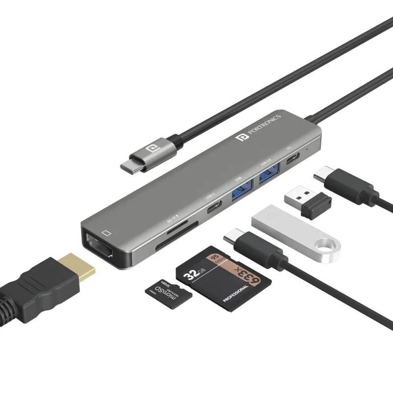 Portronics Mport 52 USB C Hub Dock (7-in-1), Multiport Adapter with 4K HDMI, 60 W PD Charging, USB 3.0/2.0 & USB Type-C Data Ports at up to 10 Gbps, Rs. 664