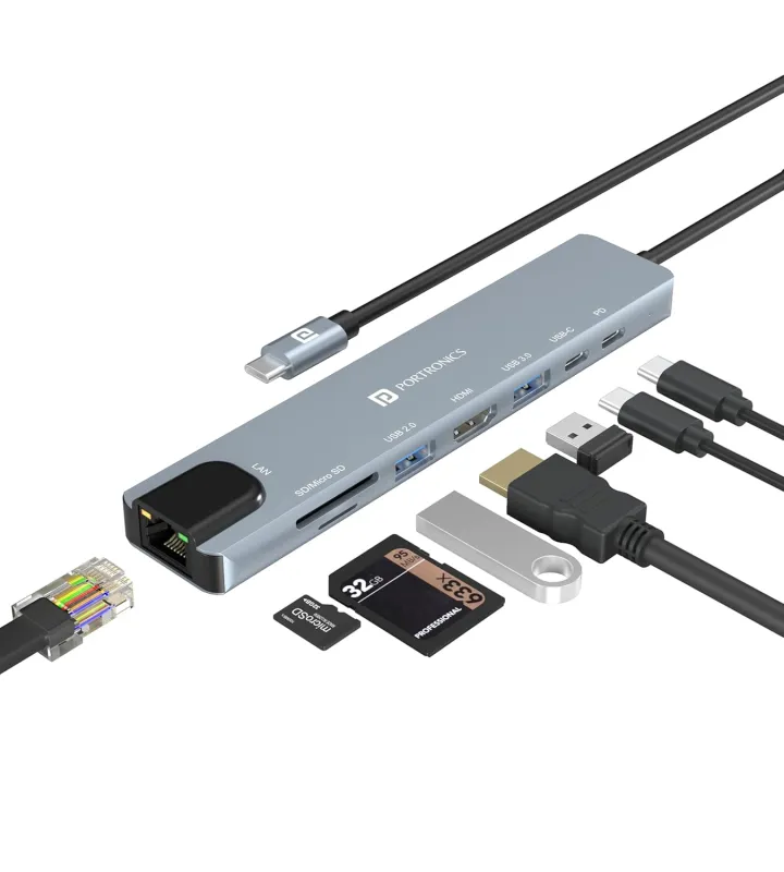Portronics Mport 8 USB-C USB Hub/Docking Station(8-in-1) with 4K 30Hz HDMI, 100 Mbps Ethernet, USB 3.0, microSD/SD Card Reader, Type-C Data, PD Rs. 899