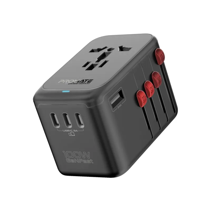 Promate Travel Adapter, Universal GaN Charge Adapter with 2000W AC Socket, 100W Four USB-C Power Delivery Ports, QC 3.0 Port, Auto-Resetting Fuse and Rs. 1259