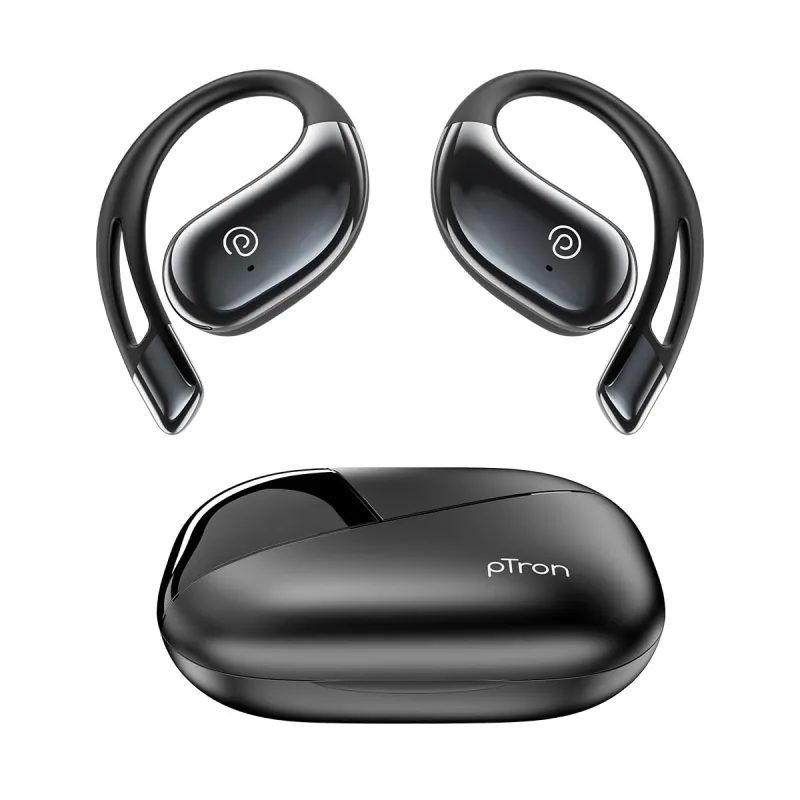 pTron Bassbuds Trendz Open Ear Wireless Earbuds, SafeBeats Design, Dual HD Mics & TruTalk AI-ENC Calls, 45Hrs Playtime, App Support, 14.2mm Drivers,