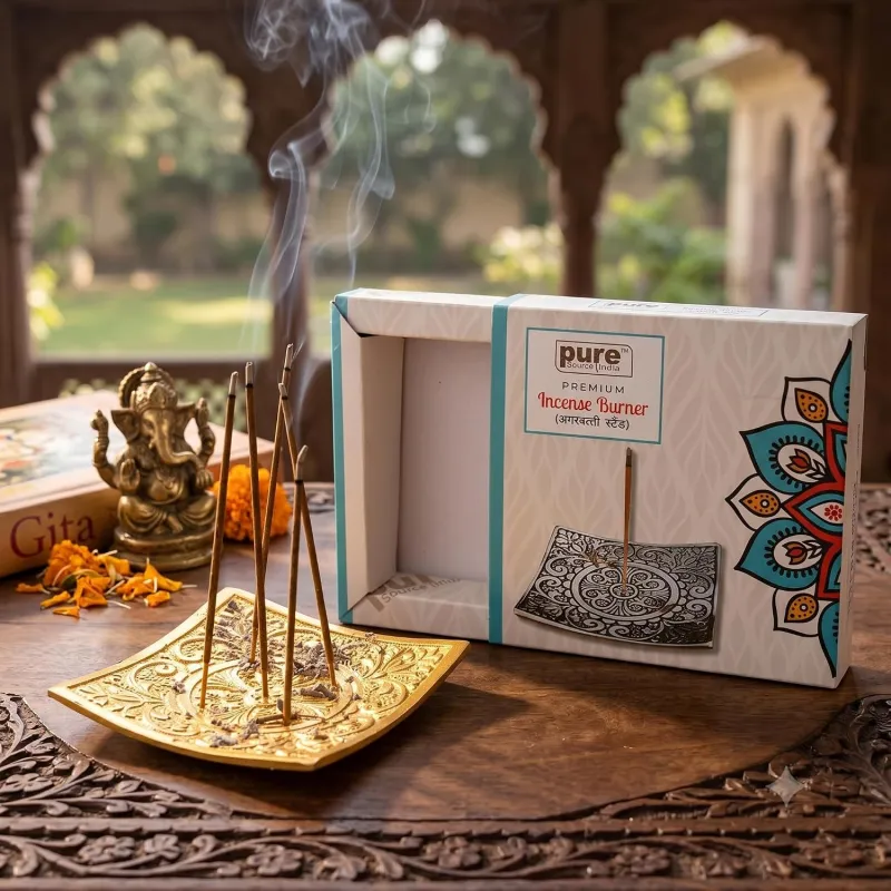 Pure Source India Aluminium Incense Holder for Pooja, Agarbatti Stand 5 Hole (4 Inch, Gold), Decorative Ash Catcher for Home, Meditation, Temple, Rs. 103
