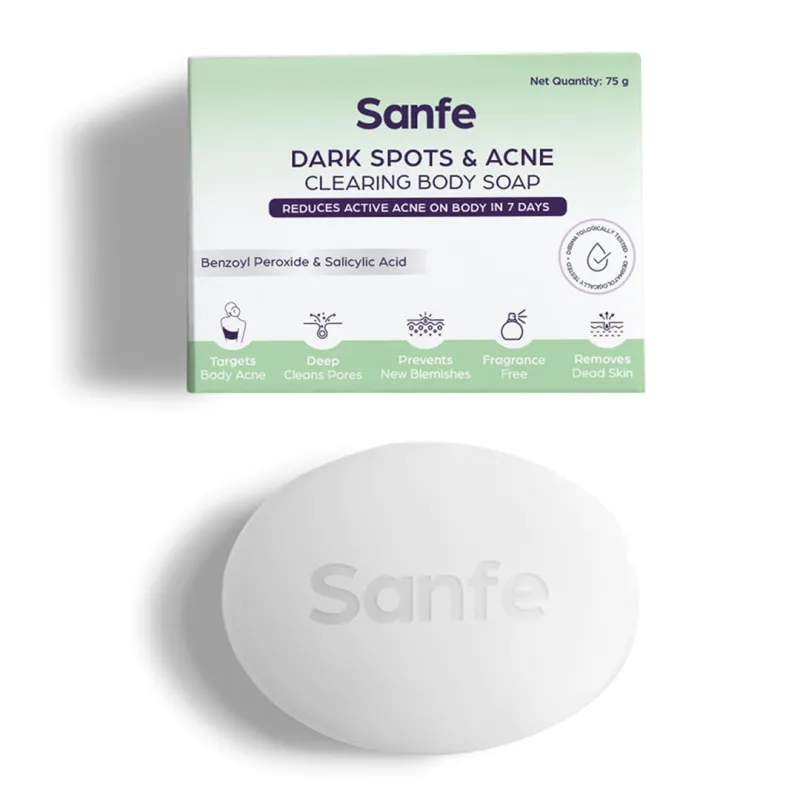 Sanfe Dark Spots & Acne Clearing Body Soap | Prevents Body Acne, Bumpy Skin & Fades Dark Spots | Salicylic Acid 2% W/W, Benzoyl Peroxide | Non Drying Rs. 77