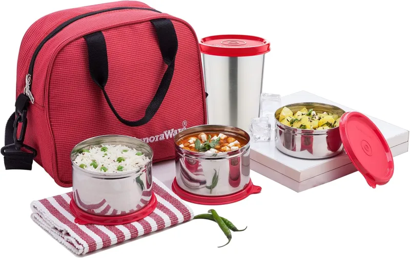 Signoraware Sling Stainless Steel Lunch Box with Steel tumbler (500ml, 500ml, 350ml, 370ml, Red) – Set of 4 Rs. 673