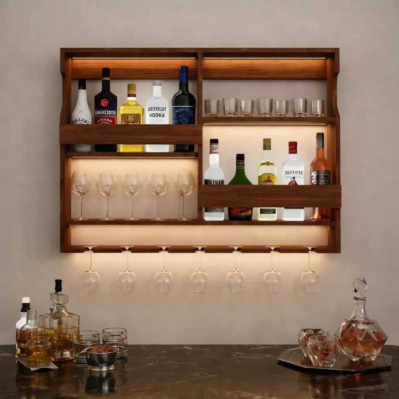 Solid Sheesham Wood Wall Mounted Wine Rack & Mini Bar Cabinet with Glass Holder, Holds 15 Bottles & 20 Glasses, Wooden Home Bar Shelf Organizer for Rs. 2638