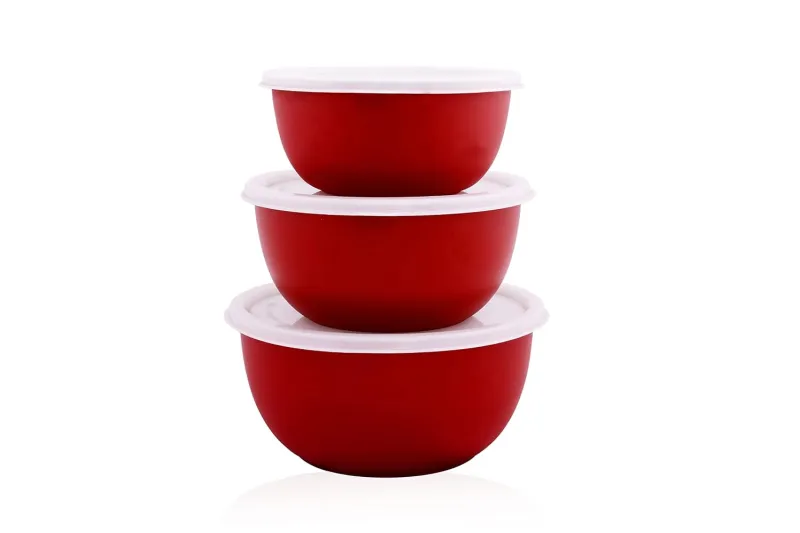 Stainless Steel Microwave Safe Bowls Set of 3 (14, 16 & 18 cm) Red 2500 ML Rs. 425