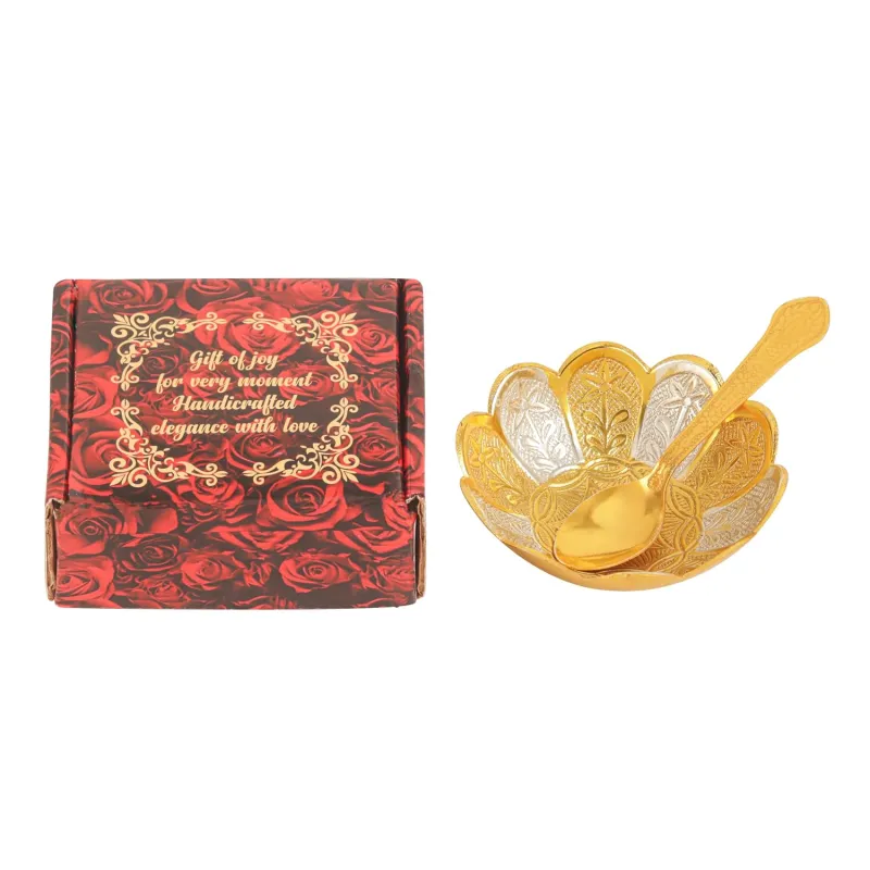 SWAY HOME DECOR Silver and Gold Plated Metal Bowl Set with Spoon in Floral Pattern Best Wedding Return Gift. in Velvet Gift Box. Rs. 69