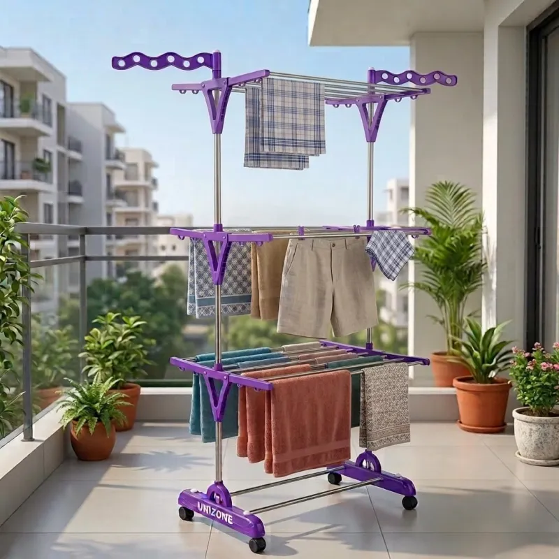 UNIZONE Stainless Steel Foldable 3-Tier Cloth Drying Stand – Single Pole Laundry Dryer Rack with Wheels, Elegant Cloth Dryer Stand with Premium Kite Rs. 899