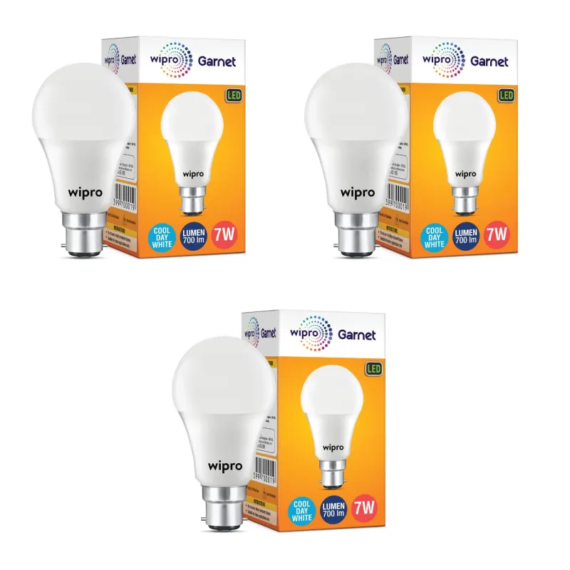 wipro 7W B22 LED Cool Day Light Bulb, Pack of 3, (Garnet) Rs. 449