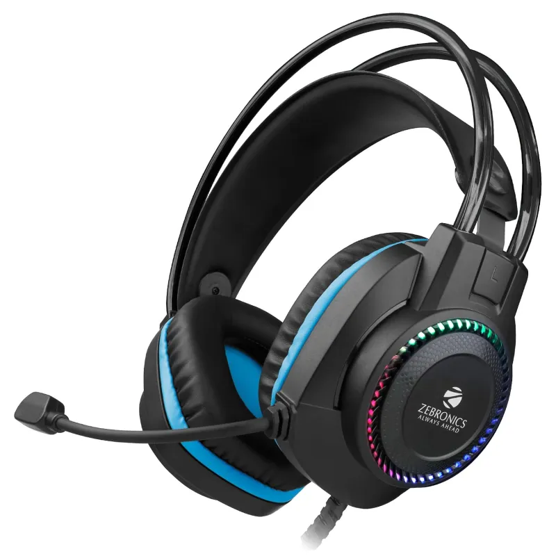 ZEBRONICS Jet Premium Wired Gaming On Ear Headphone with LED Light for earcups, 40mm Neodymium Drivers, 2 Meter Braided Cable, Flexible mic, Suspension Headband, 3.5mm + USB Connector (Black + Blue) Rs.599